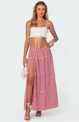 Edikted Gingham Side Slit Tiered Maxi Skirt