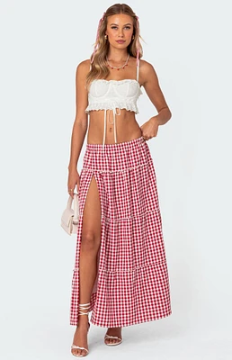 Gingham Side Slit Tiered Maxi Skirt