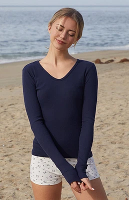 John Galt Navy Ribbed Long Sleeve Top