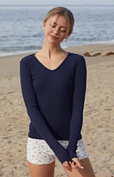 John Galt Navy Ribbed Long Sleeve Top