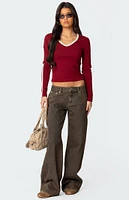 Edikted Contrast V Neck Long Sleeve T-Shirt