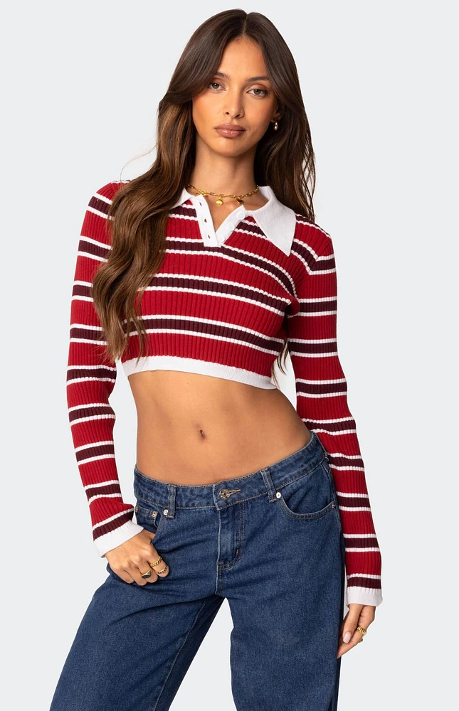 Edikted Collared Stripey Ribbed Crop Top