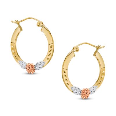 10K Tri-Tone Gold Flat Hoop with Rose Earrings