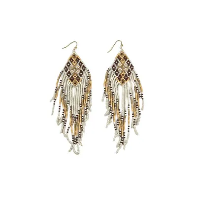 Ivory/Gold Seed Bead Feather Earrings