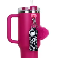 Cow Print Holder with Pink Puff Water Bottle Charm