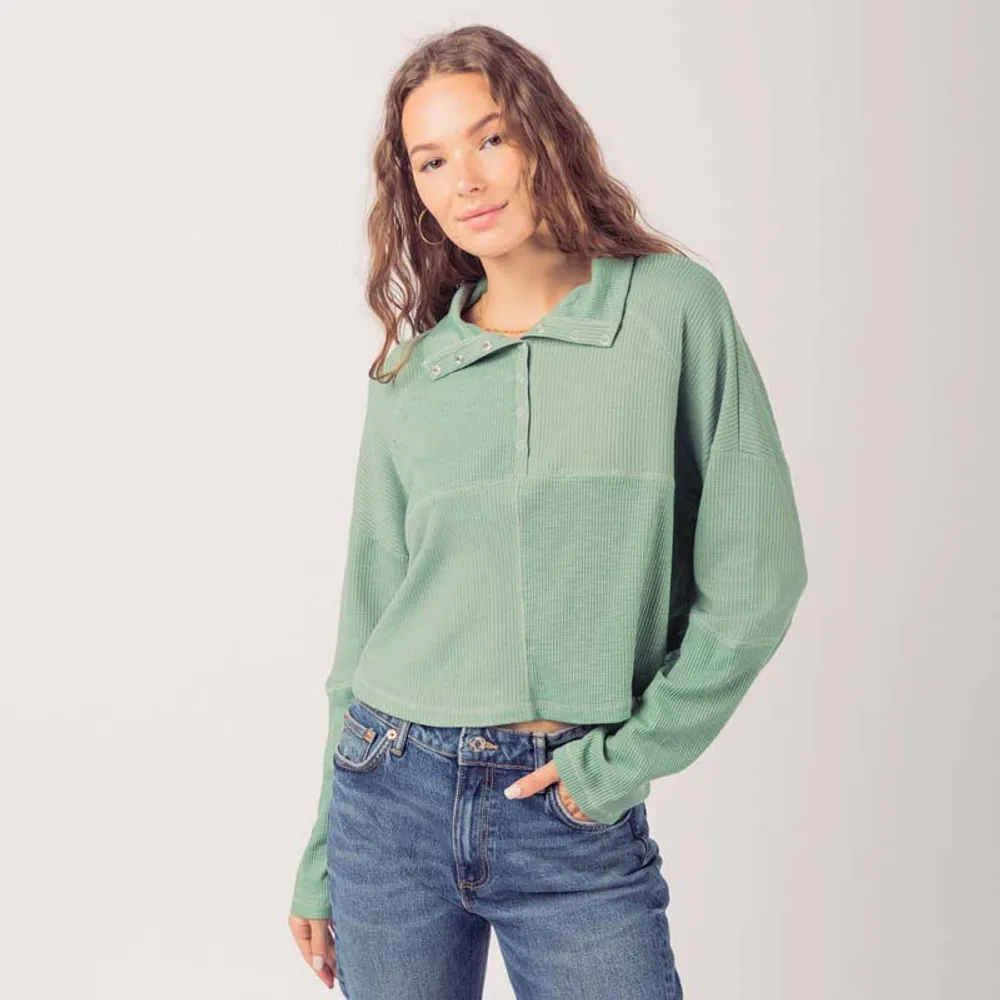 Very J Long Sleeve Waffle Henley Round Hem Top