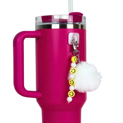 White Puff with Smiley Charm Water Bottle Charm