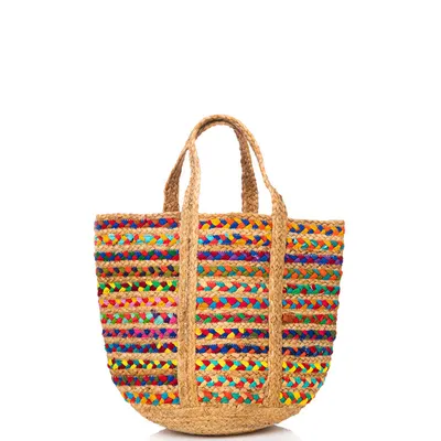 Multi-Colored Straw and Cotton Basket Weave Tote Bag