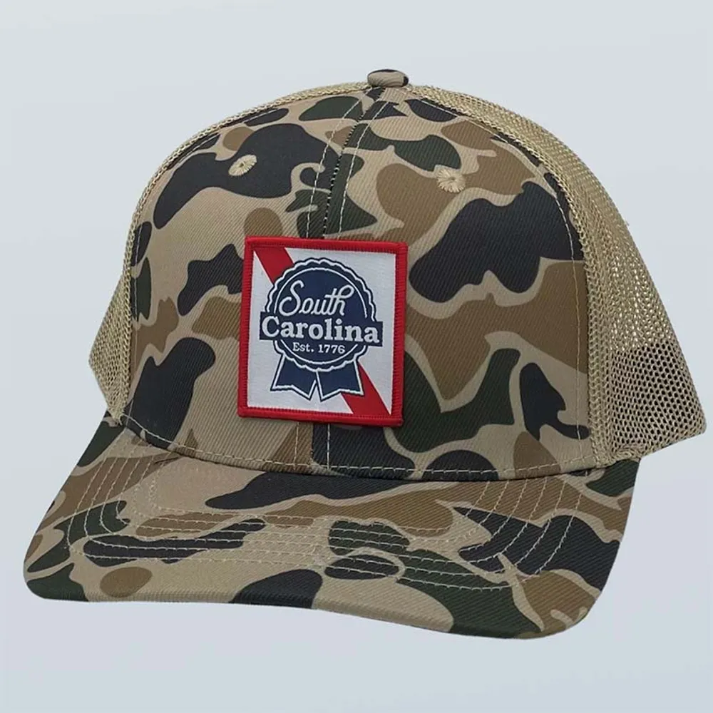 South Carolina Beer Label Trucker Hat in Camo