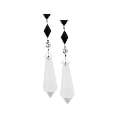 Diamond, onyx and white crystal quartz drop earrings