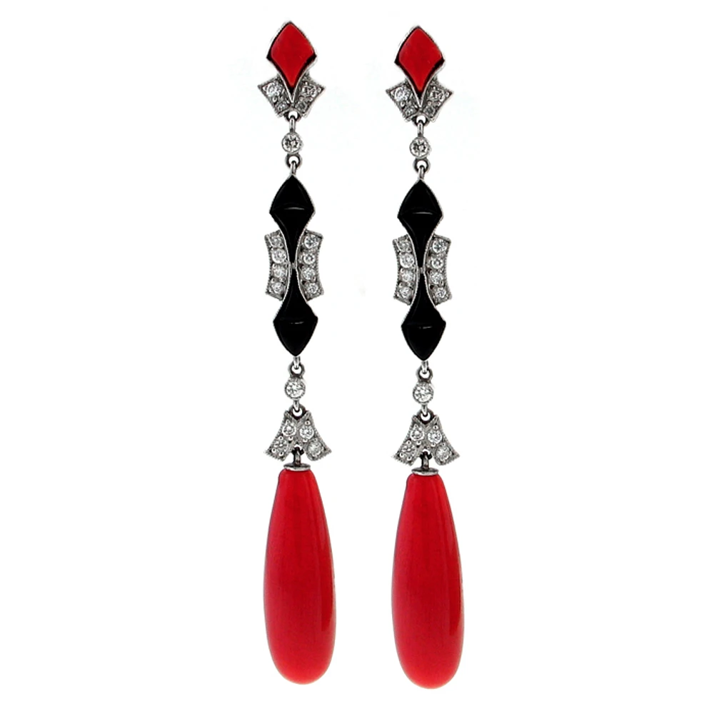 Platinum diamond black onyx and coral earrings