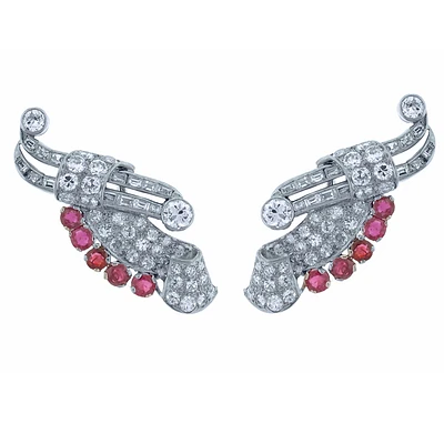 Retro-modern Ruby and Diamond Wing Earrings