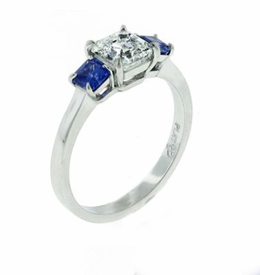 Asscher Cut diamond and sapphire Three stone Ring