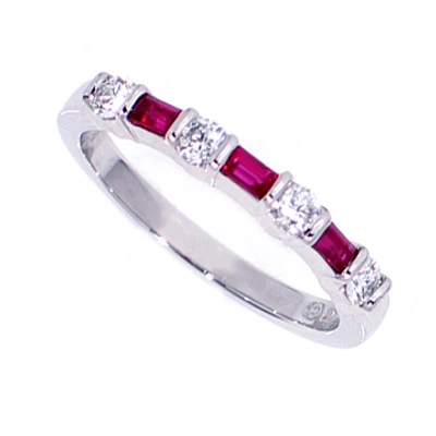 Platinum ruby and emerald cut diamond ring