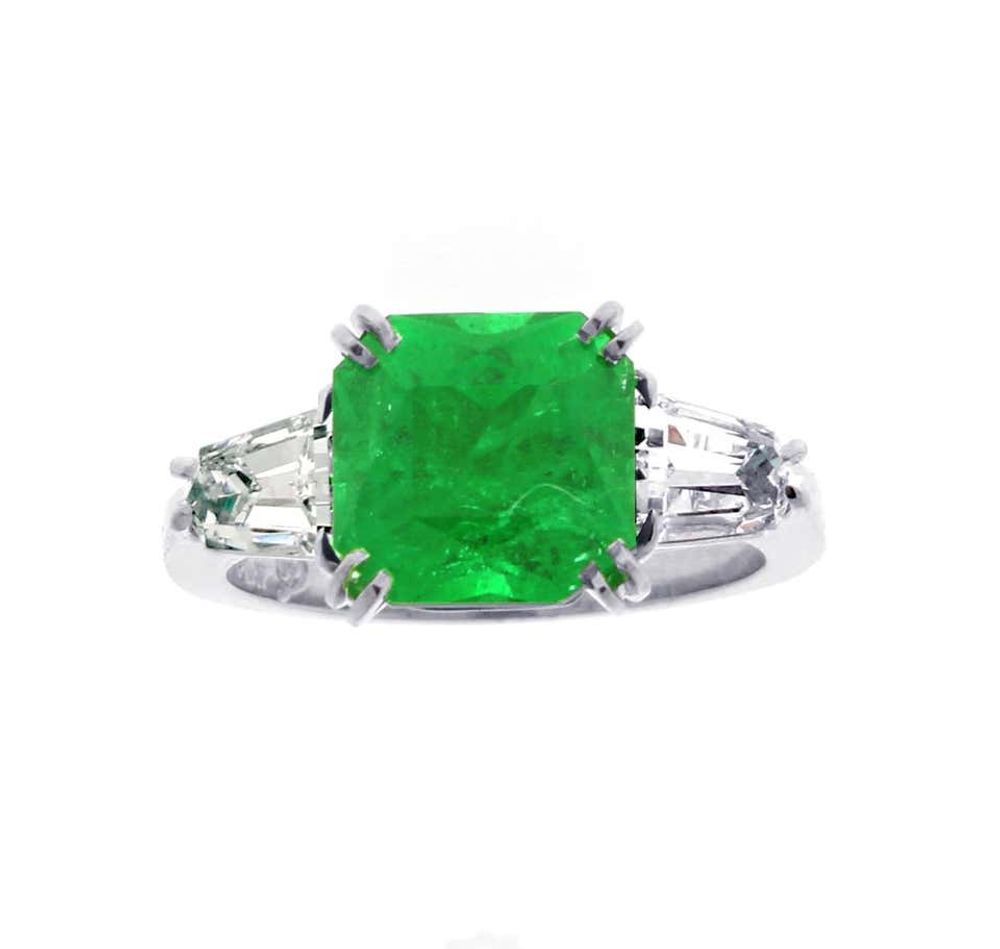 A.G.L. Certified Emerald and Diamond Three-Stone Ring by Pampillonia