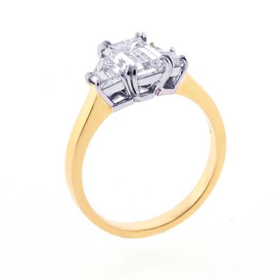 Emerald Cut and Trapezoid Three-stone Peach Gold Diamond Engagement Ring