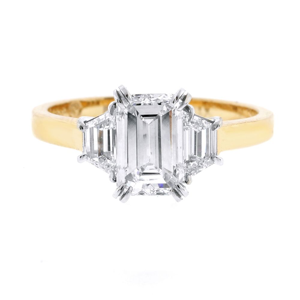 Emerald Cut and Trapezoid Three-stone Peach Gold Diamond Engagement Ring