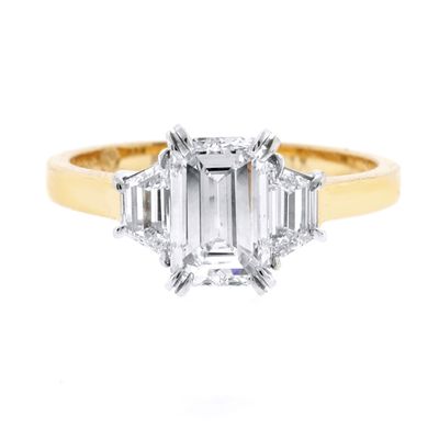 Emerald Cut and Trapezoid Three-stone Peach Gold Diamond Engagement Ring