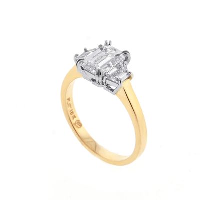 Emerald Cut and Trapezoid Three-stone Peach Gold Diamond Engagement Ring