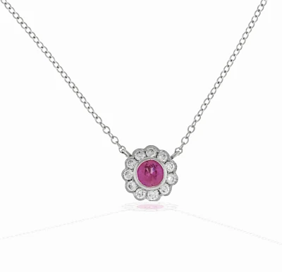 Floral Pink Sapphire and Diamond Pendant Necklace