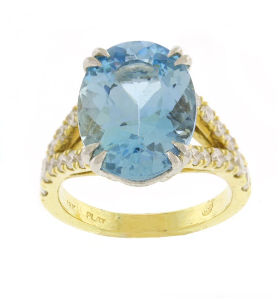 Aquamarine and Diamond Split Shank Ring