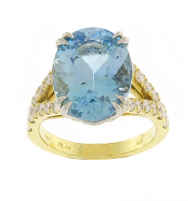 Aquamarine and Diamond Split Shank Ring