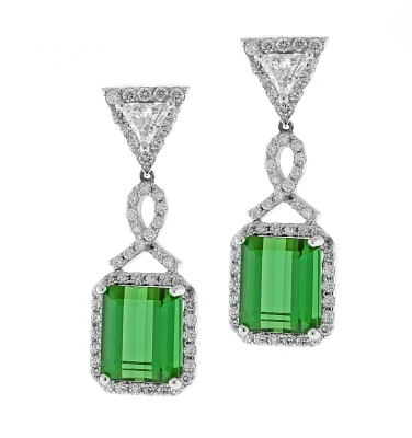 Green Tourmaline and Diamond Dangle Earrings