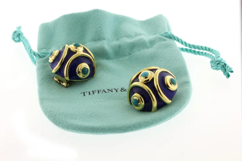 Tiffany & Co. Blue Enamel and Turquoise Round Earrings