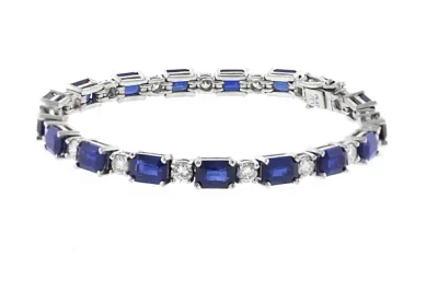 SES Creations Emerald Cut Sapphire and Diamond Tennis Bracelet in Platinum