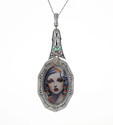 Art Deco Platinum Diamond & Emerald Locket Pendant