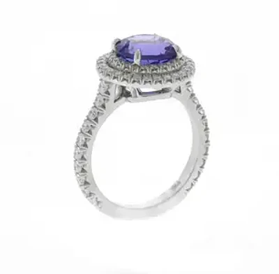 Platinum Tanzanite and Double Diamond Halo Ring by Pampillonia