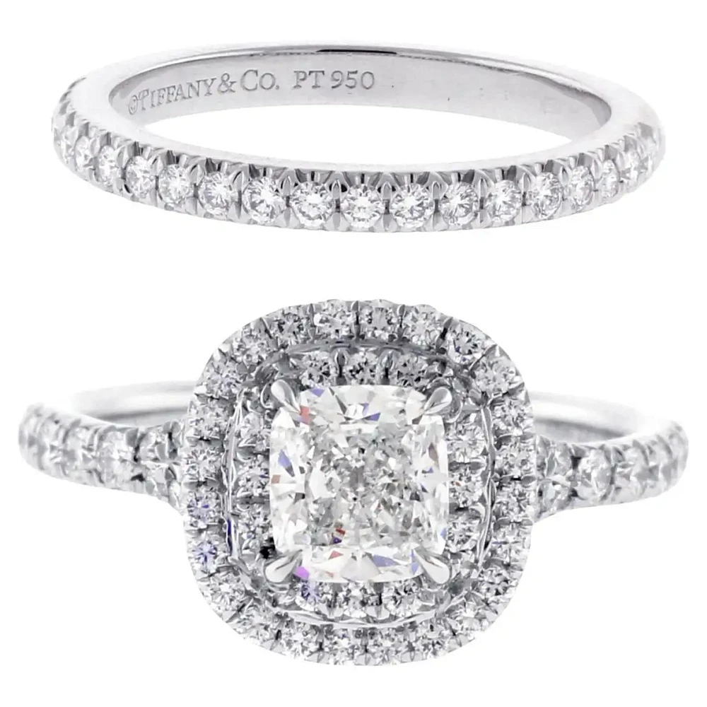 Tiffany & Co. Soleste Cushion .64ct Double Halo Engagement Ring with Diamond Band