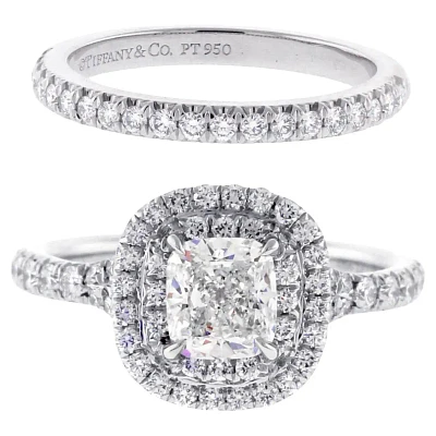 Tiffany & Co. Soleste Cushion .64ct Double Halo Engagement Ring with Diamond Band