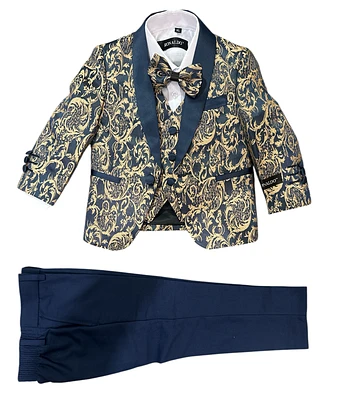 Ronaldo 5 pc Navy and Gold Jacquard Suit