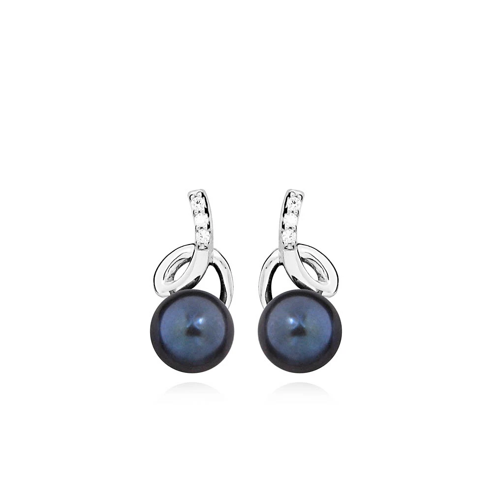 Earrings with Cubic Zirconia and Black Pearl in Sterling Silver