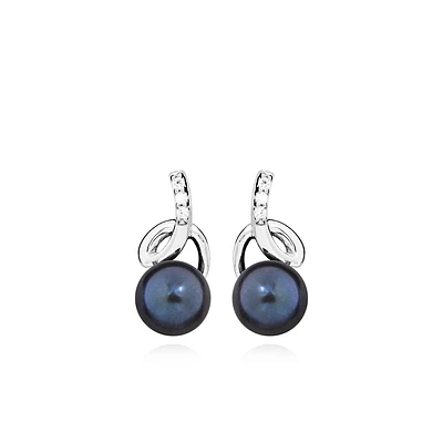 Earrings with Cubic Zirconia and Black Pearl in Sterling Silver