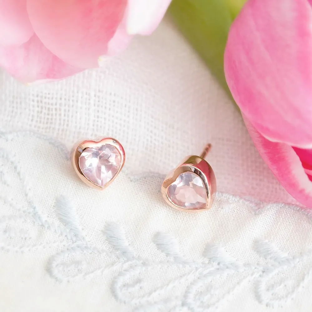 Kindness Heart Earrings with Rose Quartz in Rose Plated Sterling Silver