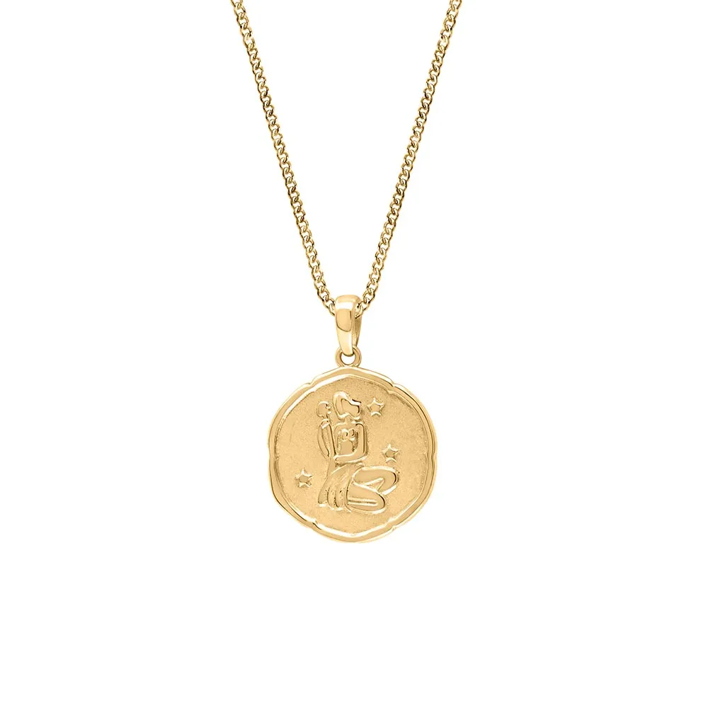 15MM Aquarius Zodiac Disc Pendant 10kt Yellow Gold with Chain