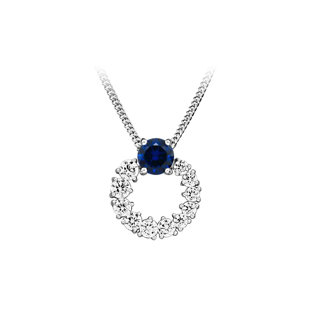 Pendant with Blue Sapphire and Cubic Zirconia in Sterling Silver with Chain