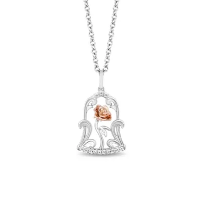 Enchanted Disney Belle Rose Pendant with .10 Carat TW of Diamonds in Sterling Silver and 10kt Rose Gold with Chain