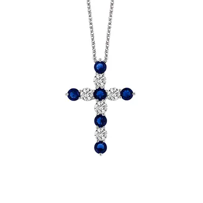 Cross Pendant with Created Blue Sapphire and Cubic Zirconia in Sterling Silver with Chain