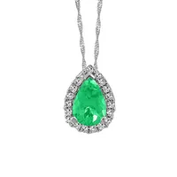 10KT White Gold Diamond and Emerald Pendant with Chain