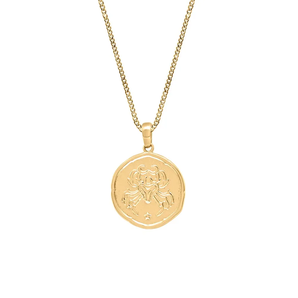 15MM Cancer Zodiac Disc Pendant 10kt Yellow Gold with Chain