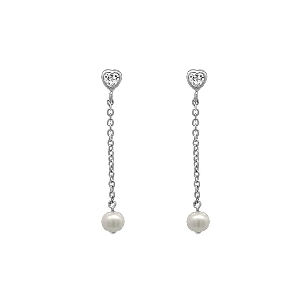 Drop Earrings with Pearl and Cubic Zirconia in Sterling Silver