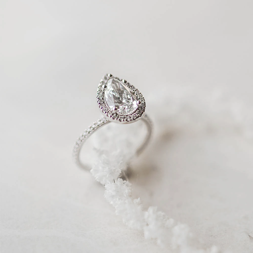 Pear Shaped Halo Engagement Ring with 2.53 Carat TW of Diamonds 14kt White Gold