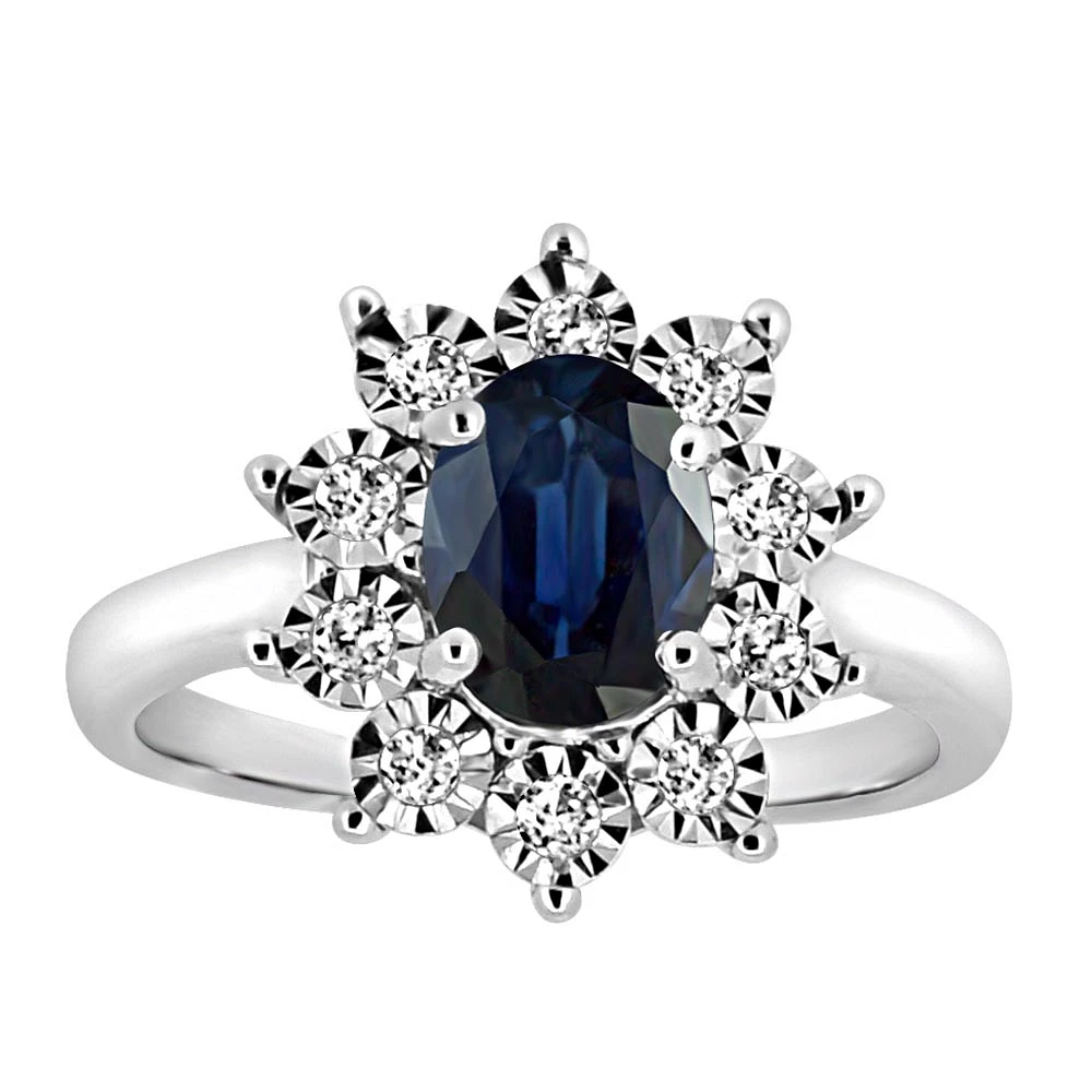 Oval Halo Ring with Blue Sapphire and .18 Carat TW of Diamonds in 10kt White Gold