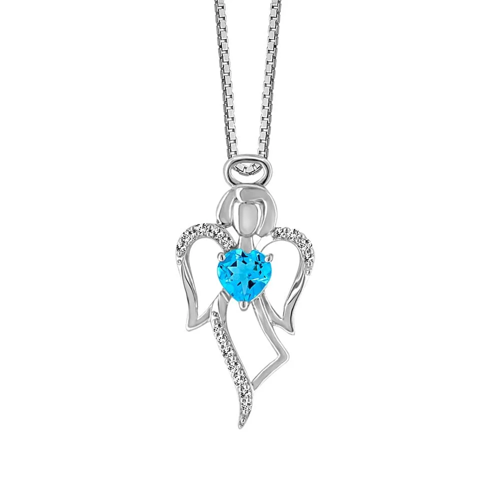 Angel Pendant with Created White Sapphire and Blue Topaz in Silver