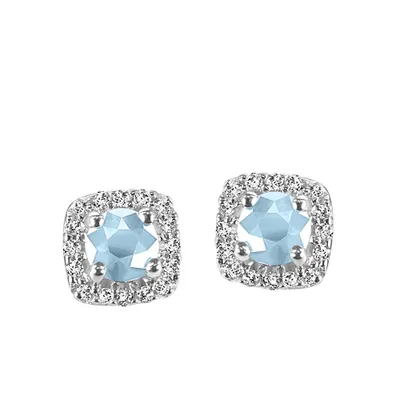 Stud Earrings with .16 Carat TW of Diamonds and Aquamarine in 10kt White Gold