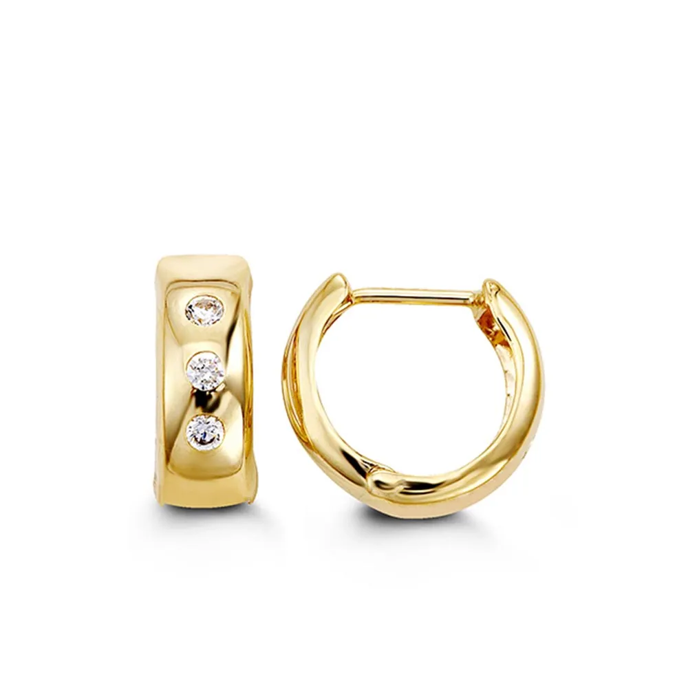 13MM Huggies Hoop Earrings with Cubic Zirconia 10kt Yellow Gold