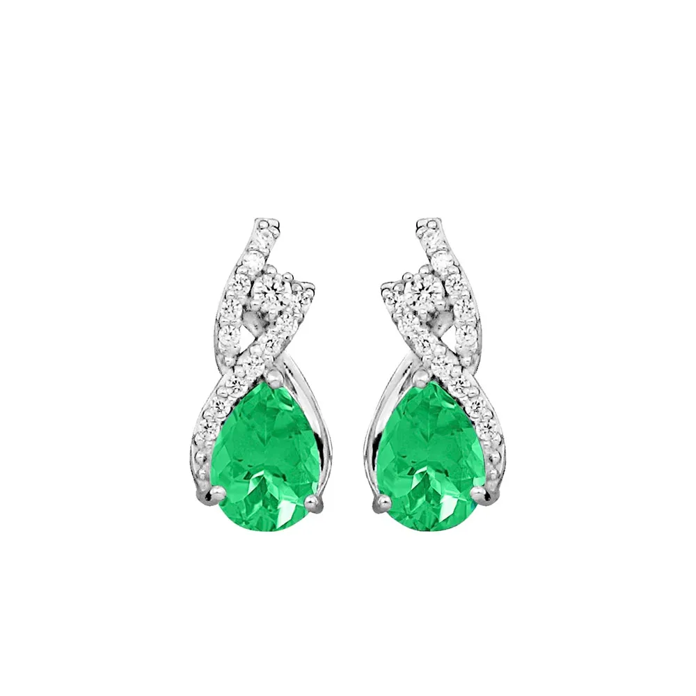 Earrings with Cubic Zirconia and Created Emerald in Sterling Silver